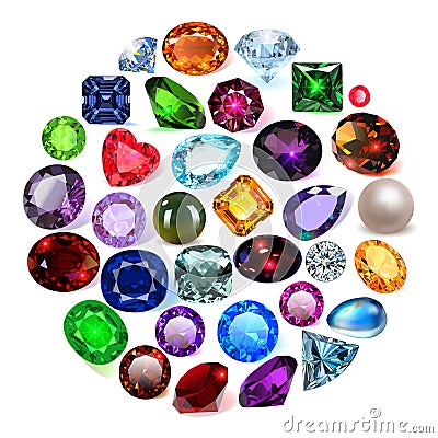 background with a set of jewelry gems of different colors and cuts collected in a circle Vector Illustration