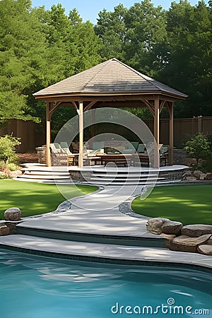 backyard design with swimming pool and gazebo Cartoon Illustration