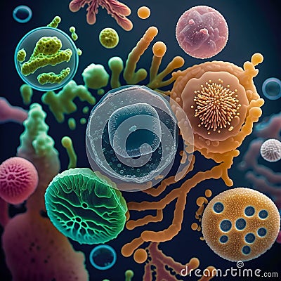 Illustration of bacteria of various types, shapes and colors under a microscope close-up on black, good biological background, Stock Photo