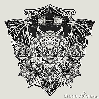 illustration baddas Wild boar head with skull with engraving ornament Vector Illustration