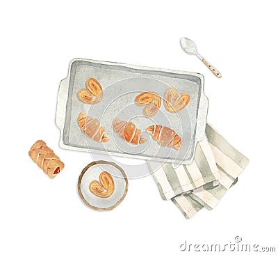 Illustration - baking sheet with fresh baked pastry, croissant, plate, Cartoon Illustration