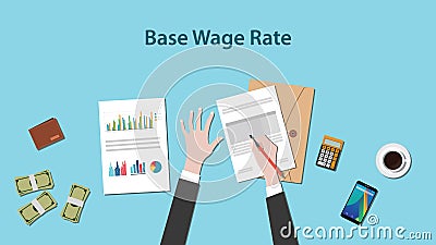 Illustration of base wage rate with a man writing on a paperwork with money and calculator on top of table Vector Illustration