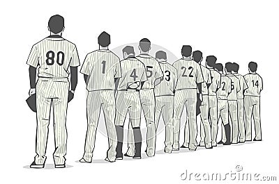 Illustration of baseball team standing in line at beginning of game Cartoon Illustration