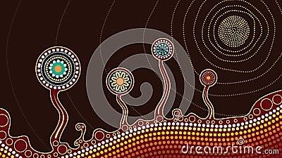 An illustration based on aboriginal style of dot painting depicting trees, hill and sun. Vector Illustration