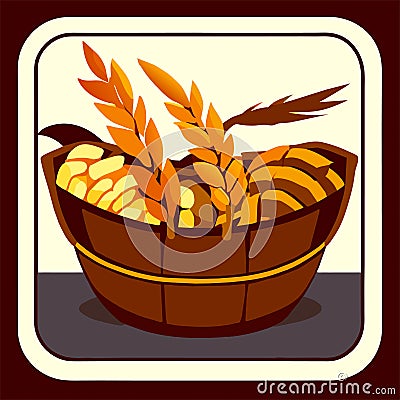 Illustration of a basket of bread and wheat grains on a brown background generative AI Vector Illustration