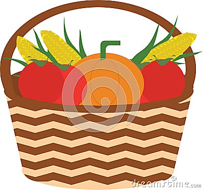 Illustration Basket of Corn, Tomato and Pumpkin Stock Photo