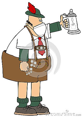 Bavarian man holding a stein and wearing a face mask Stock Photo