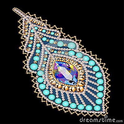 beaded brooch peacock feather with gem Vector Illustration