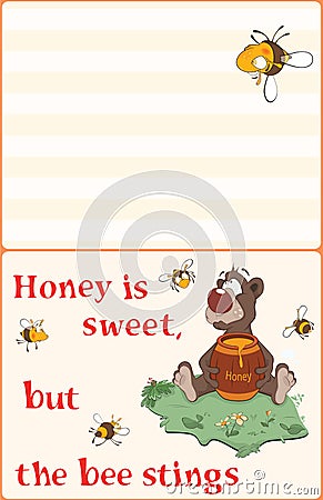 Illustration of a Bear and Bees. Postcard. Proverb Vector Illustration