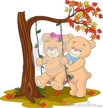 Bear couple in love sitting on a swing Vector Illustration