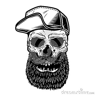 Illustration of bearded skull in baseball cap. Design element for logo, label, sign, poster. Vector Illustration