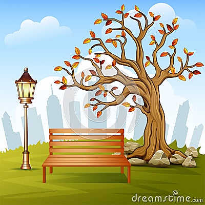 Beautiful autumn city park with town building background Vector Illustration