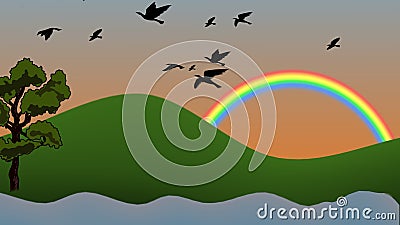 Illustration of beautiful day with bird rainbow trees, mountain and lake Stock Photo