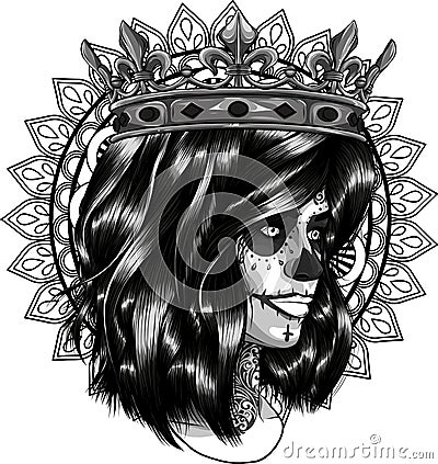 monochromatic illustration of beautiful face woman with crown Vector Illustration