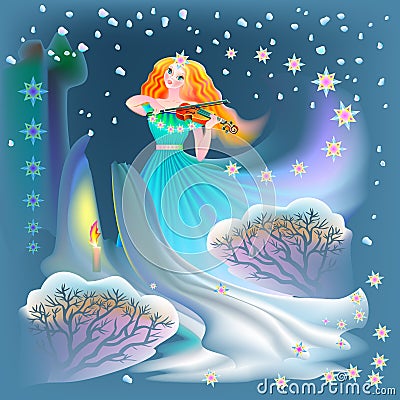 Illustration of beautiful fairy playing the violin in winter. Vector Illustration