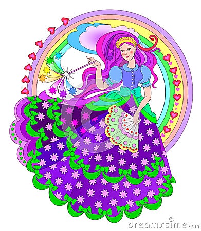 Illustration of beautiful fairyland princess with magic wand and fan. Book cover for children fairy tale. Vector Illustration