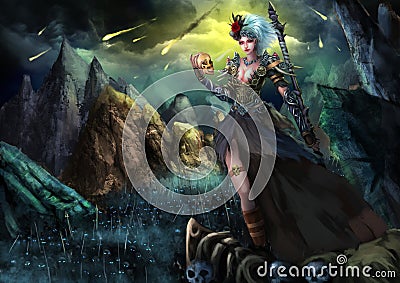 Illustration: The Beautiful Female Ghost Walker With Fatal Attraction, and With Horror Dark Skeleton Armies. Stock Photo