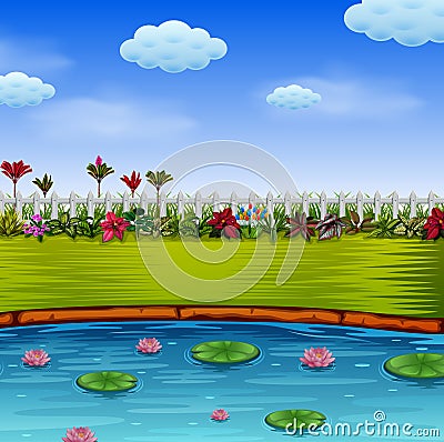 The beautiful garden with the blue lake Vector Illustration