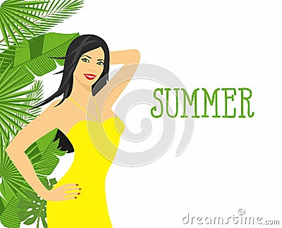 Illustration of a beautiful girl against the backdrop of exotic foliage. branches and leaves of tropical plants. Vector Illustration