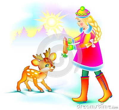 Illustration of beautiful girl feeding little fawn in winter. Vector Illustration