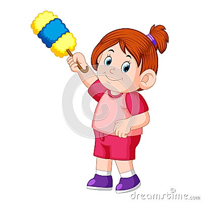 The beautiful girl holding the duster to clean uo the dust Vector Illustration