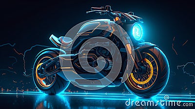 illustration of a beautiful motorcycle with blue neon lights Cartoon Illustration
