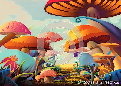 Illustration: A Beautiful Mushroom Land. It looks like you can walk into a story by this path. Stock Photo