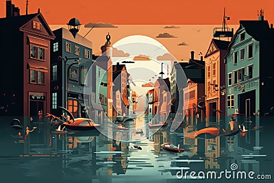 Illustration of a beautiful old town at sunset. Vector illustration, illustration of flood water disaster in city, AI Generated Cartoon Illustration