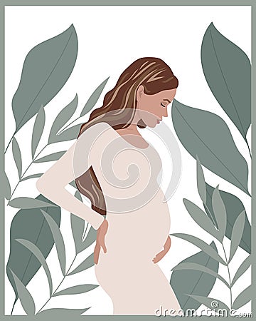 Illustration, a beautiful pregnant woman in a white dress on a background of tropical leaves. The concept of motherhood. Vector Illustration