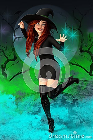 Illustration of a beautiful sassy witch casting a spell Stock Photo