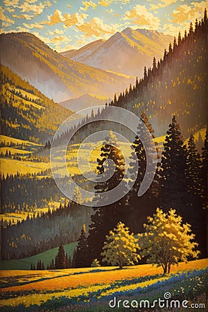 Illustration of Beautiful Scenery, Nature Artwork, Art Print, Pine Trees Mountains, Meadow Grass, Trees Stock Photo