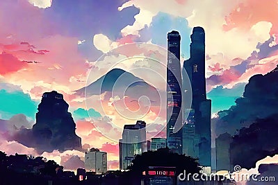 Beautiful skyline scene of Taiwan Cartoon Illustration