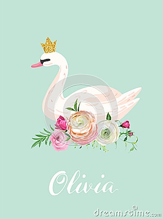 Illustration of Beautiful Swan with place for Baby Name for Poster Print, Baby Greetings, Invitation, Children Flyer Vector Illustration