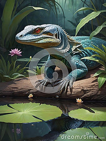 illustration of a beautiful Varanus bengalesis in forest Cartoon Illustration