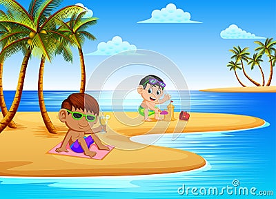 The beautiful view with the children relax and playing with the sand in the coast Vector Illustration