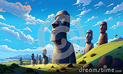 Illustration of the beautiful view of the huge statues on Easter Island, Chile Cartoon Illustration