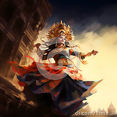 Illustration of a beautiful view of Legong traditional dance Cartoon Illustration