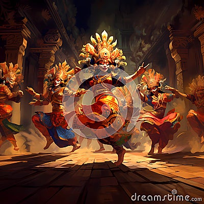 Illustration of a beautiful view of Legong traditional dance Cartoon Illustration