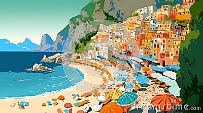 Illustration of beautiful view of Positano, Italy Cartoon Illustration