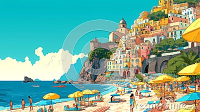 Illustration of beautiful view of Positano, Italy Cartoon Illustration