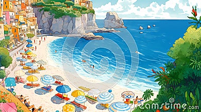 Illustration of beautiful view of Positano, Italy Cartoon Illustration