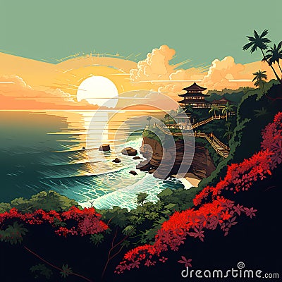 Illustration of a beautiful view of Uluwatu, Bali, Indonesia Cartoon Illustration