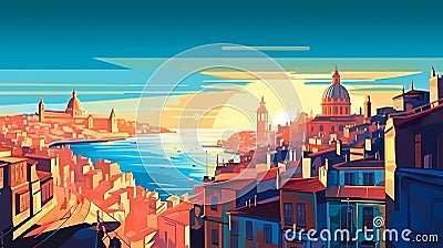 Illustration of beautiful view of Valletta, Malta Cartoon Illustration