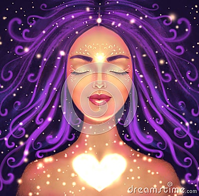 Illustration of a beautiful woman on a dark background with a shining heart. Symbol of self-love, spiritual awakening and Stock Photo