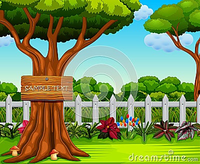 The beautiful yard with the board text and a lot of bush Vector Illustration