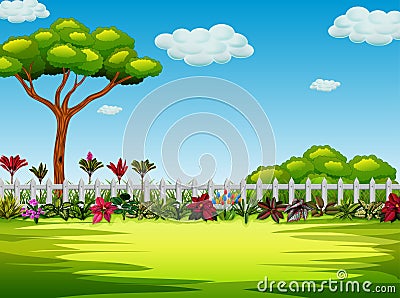 The beautiful yard with the tree and bush Vector Illustration