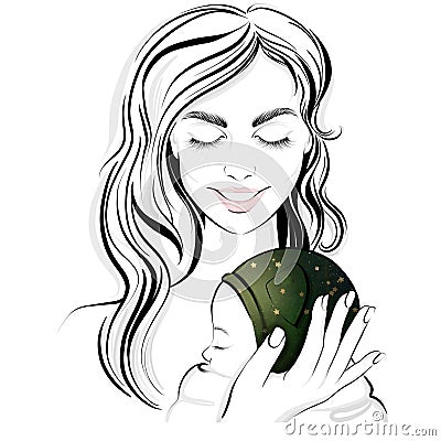 Illustration of a beautiful young mother with her newborn baby, she smiles Stock Photo