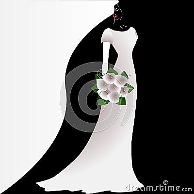 Illustration of beauty black and white background with bride with a bouquet of flowers. Vector Illustration