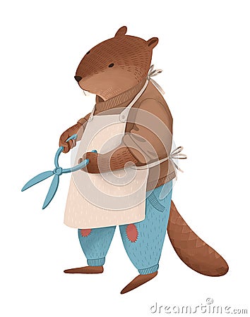 Illustration of the beaver like human in jeans, sweater and apron holding a scissors Stock Photo