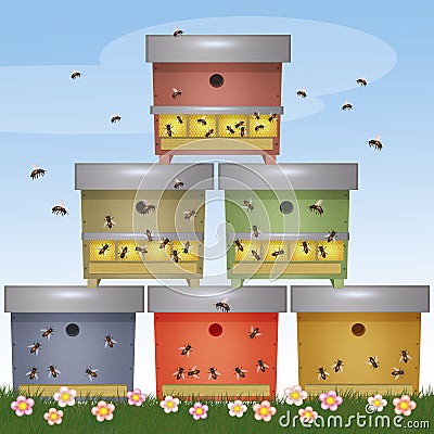 Illustration of bee beehives Cartoon Illustration